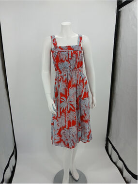 Talbots Oasis Palm Tree Print Voile Fit and Flare Midi Dress Size 4P Red Blue